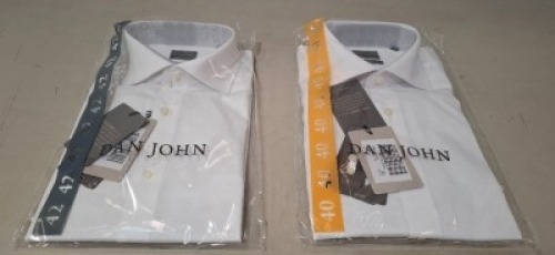 20 X BRAND NEW DAN JOHN SHIRTS ALL IN WHITE IN VARIOUS SIZES - 40, 42, 45 ETC IN 1 TRAY (TRAY NOT INCLUDED)
