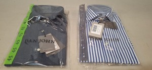 20 X BRAND NEW DAN JOHN MIXED LOT CONTAINING TURTLE NECK JUMPERS IN GREY IN SIZE MEDIUM, SHIRTS IN VARIOUS COLOURS AND SIZES - WHITE, NAVY BLUE/WHITE IN SIZES 37, 39, 40 AND 45 IN 1TRAY (TRAY NOT INCLUDED)