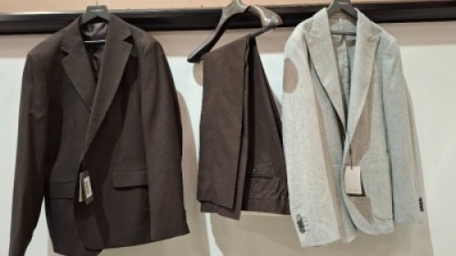 5 X BRAND NEW DAN JOHN BLAZERS LOT TO INCLUDE 3 X IN GREY IN SIZES 48 AND 52 AND 2 BLAZERS WITH PANTS IN BROWN IN SIZES 48 AND 52 - RRP &pound;130