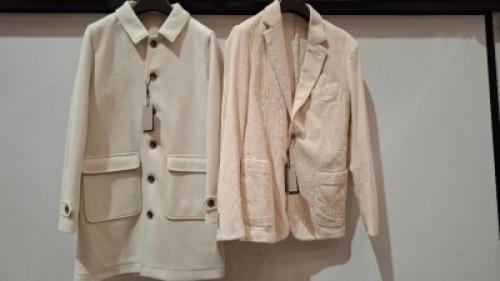 5 X BRAND NEW DAN JOHN MIXED LOT TO INCLUDE 3 X TRENCH COATS IN WHITE IN SIZE 48, 52 AND 54 AND 2 X BLAZERS IN CREAM IN SIZES 56 AND 58 - RRP &pound;130