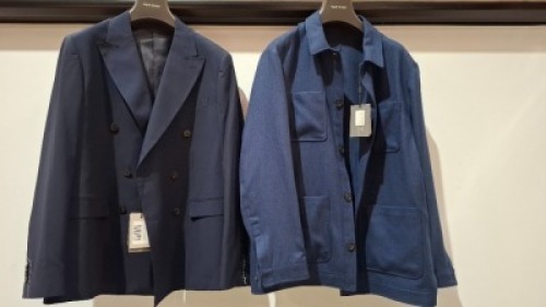 5 X BRAND NEW DAN JOHN MIXED LOT CONTAINING 2 X BLAZERS WITH PANTS IN NAVY IN SIZES 46 AND 50, 1 X BLAZER IN NAVY IN SIZE 54, 2 X NAVY JACKETS IN SIZES 2XL AND 3XL