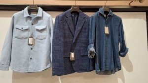 5 X BRAND NEW DAN JOHN MIXED LOT CONTAINING 2 X BLAZERS IN DARK BLUE IN SIZES 48 AND 50, 2 X DENIM LONG-SLEEVED SHIRTS IN SIZES 39 AND 40, 1 X JACKET IN SKY BLUE IN SIZE L