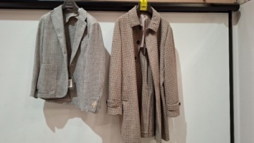 5 X BRAND NEW DAN JOHN BLAZERS / COATS LOT TO INCLUDE 3 X IN BLUE/ WHITE IN SIZES 48, 52 AND 56, 2 X IN BROWN / WHITE IN SIZES 54 AND 56 - RRP &pound;130