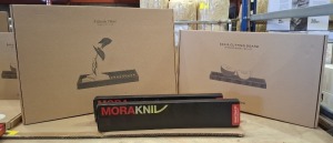 4 X BRAND NEW MIXED LOT CONTAINING DANIA CUTTING BOARD IN TEAK WOOD IN SIZE 50 X 27 FLONIA TRAY IN OAK IN 52 X 36 , MORAKNIV CARVING FORK IN SIZE 15 CM , MORAKNIV BREAD KNIFE IN SIZE 24 CM IN 4 BOXES