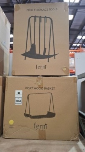 2 X BRAND NEW MIXED FERM LIVING LOT CONTAINING 1 PORT FIREPLACE TOOLS IN BRASS - RRP &pound;169 1 PORT WOOD BASKET IN BRASS - RRP &pound;125 -TOTAL RRP &pound;294 -