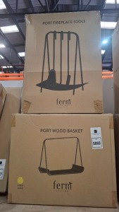 2 X BRAND NEW MIXED FERM LIVING LOT CONTAINING 1 PORT FIREPLACE TOOLS IN BRASS - RRP £169 1 PORT WOOD BASKET IN BRASS - RRP £125 -TOTAL RRP £294 -