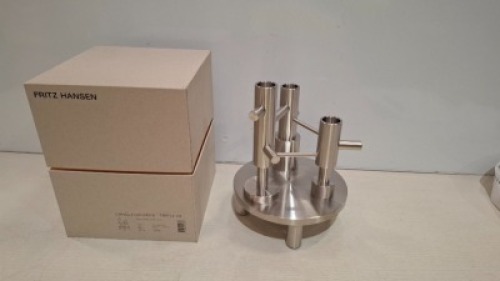 2 X BRAND NEW IN BOX FRITZ HANSEN CANDLEHOLDERS TRIPLE V6 IN STAINLESS STEEL IN SIZE DIAM 16 CM X H 20 CM - RRP EACH &pound;174