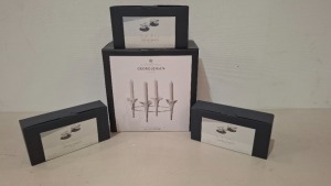 4 X BRAND NEW MIXED LOT CONTAINING GEORG JENSEN 1 THE BLOOM COLLECTION FOUR TAPER CANDLEHOLDER IN SIZE H 15 CM X W 34 CM - RRP £120 3 COBRA COLLECTION TEALIGHT IN STAINLESS STEEL IN SIZE H 47MM X DIAM 101 MM - RRP EACH £60 TOTAL RRP £300