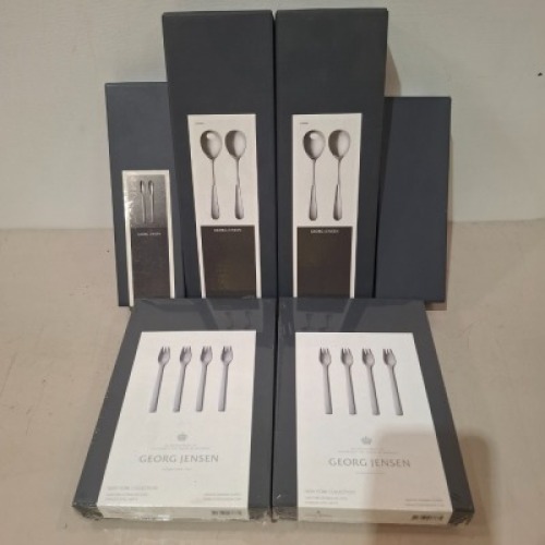 6 X BRAND NEW MIXED GEORG JENSEN LOT CONTAINING 2 NEW YORK COLLECTION CAKE FORK GIFTBOX 4 PCS RRP &pound;45 EACH 2 SERVING SPOONS IN TWO BOXES RRP EACH &pound;80 1 SET OF 2 CAFFE LATTE SPOONS RRP &pound;18 1 SET OF 2 VIV CHILD'S FORK IN STAINLESS STEEL RRP &pound;15