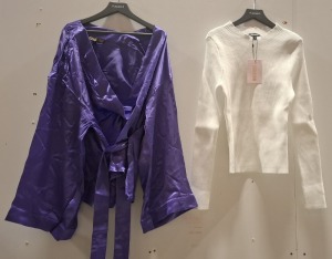 40 X BRAND NEW MIXED CLOTHING LOT CONTAINING MISSGUIDED CROP TOP IN BLACK IN SIZES 16,18 , MISSGUIDED KIMONO TOP IN PURPLE IN SIZE XS , MISSGUIDED CREWNECK LONG SLEEVE TOP IN WHITE IN ALL IN SIZE MEDIUM ETC IN TWO TRAYS (NOTE - TRAYS NOT INCLUDED)