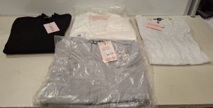 40 X BRAND NEW MIXED CLOTHING LOT CONTAINING MISSGUIDED CREW-NECK LONG SLEEVE TOP IN BLACK ALL IN SIZE MEDIUM , MISSGUIDED FLARE OVERSIZED T-SHIRT WITH PANTS SET IN GREY IN SIZES 18,24 , V-NECK RELAXED TEE IN GREY IN SIZE 40 , TALL TAILORED SKINNY BLAZER 