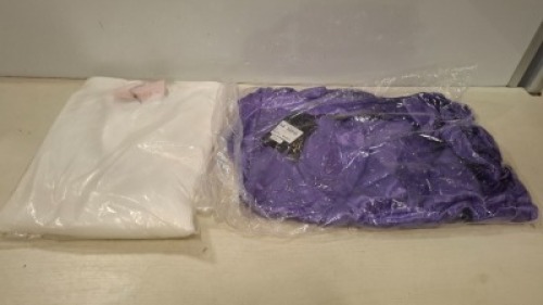 40 X BRAND NEW MIXED CLOTHING LOT CONTAINING BIBA KIMONO TOP IN PURPLE IN SIZES XS AND S , MISSGUIDED BASIC CREW NECK LONGSLEEVE TOP IN WHITE ALL IN SIZE LARGE IN TWO TRAYS (NOTE - TRAYS NOT INCLUDED)