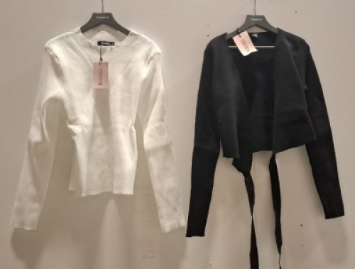 40 X BRAND NEW MIXED CLOTHING LOT CONTAINING MISSGUIDED RIBBED TOP IN BLACK IN SIZE 12 , WRAP TOP IN BLACK IN SIZE MEDIUM , MISSGUIDED BASIC CREW NECK LONGSLEEVE TOP IN SIZE LARGE IN TWO TRAYS (NOTE TRAYS NOT INCLUDED)