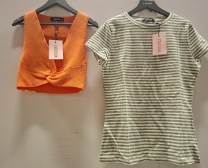 40 X BRAND NEW MISSGUIDED CLOTHING LOT CONTAINING KNOT FRONT CROP TOP CO-ORD IN ORANGE IN SIZES SMALL AND MEDIUM IN TWO TRAYS (NOTE - TRAYS NOT INCLUDED)