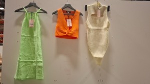 40 X BRAND NEW MISSGUIDED CLOTHING LOT CONTAINING KNOT FRONT CROP TOP CO-ORD IN ORANGE ALL IN SIZE SMALL , PETITE RIB RACER NECK MINI DRESS IN MINT ALL IN SIZE 6 , HIGH NECK CUT OUT BODY SUIT IN CREAM ALL IN SIZE SMALL IN TWO TRAYS (NOTE - TRAYS NOT INCLU