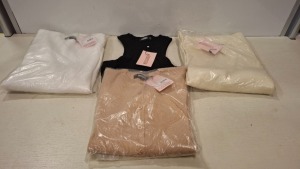 40 X BRAND NEW MISSGUIDED CLOTHING LOT CONTAINING CREW NECK LONG SLEEVED TOP IN WHITE IN SIZE LARGE , BASIC BUTTONED TOP IN TONE IN SMALL , RIB EXT RACER NECK WITH CURVED HEM IN BLACK ALL IN SIZE 4 IN TWO TRAYS (NOTE - TRAYS NOT INCLUDED)