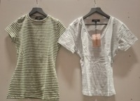 40 X BRAND NEW MISSGUIDED CLOTHING LOT CONTAINING SHORT SLEEVE STRIPE FITTED TOP IN SAGE ALL IN SIZE 6 , V NECK FITTED TEE IN BABY BLUE IN SIZE 10 IN TWO TRAYS (NOTE TRAYS NOT INCLUDED)