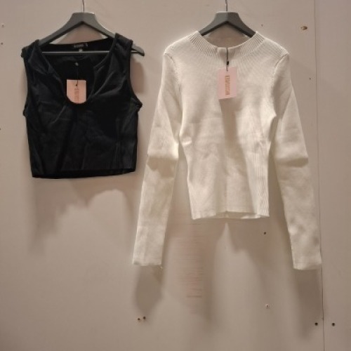 40 X BRAND NEW MISSGUIDED CLOTHING LOT CONTAINING BASIC CREW NECK LONG SLEEVE TOP IN WHITE ALL IN SIZE MEDIUM , RIB EXTREME RACER NECK WITH CURVED HEM IN BLACK ALL IN SIZE 4 I, NOTCH NECK SLEEVLESS CROP TOP IN BLACK ALL IN SIZE 14 IN TWO TRAYS (NOTE TRAY