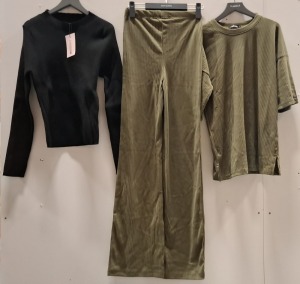 45 X BRAND NEW MISSGUIDED CLOTHING LOT CONTAINING BASIC CREW NECK LONG SLEEVE TOP IN BLACK ALL IN SIZE MEDIUM , CO-ORD RIBBED TEE AND WIDE LEG SET IN KHAKI ALL IN SIZE 4 , BASIC CREW NECK LONG SLEEVED TOP IN BLACK ALL IN SIZE MEDIUM IN 3 TRAYS (NOTE TRAYS