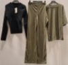 45 X BRAND NEW MISSGUIDED CLOTHING LOT CONTAINING BASIC CREW NECK LONG SLEEVE TOP IN BLACK ALL IN SIZE MEDIUM , CO-ORD RIBBED TEE AND WIDE LEG SET IN KHAKI ALL IN SIZE 4 , BASIC CREW NECK LONG SLEEVED TOP IN BLACK ALL IN SIZE MEDIUM IN 3 TRAYS (NOTE TRAYS