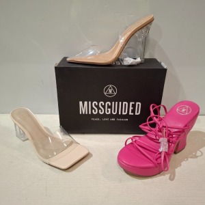 30 X BRAND NEW WOMENS MISSGUIDED SHOES CONTAINING PERSPEX COURT SHOE IN CLEAR , FAUX LEATHER PLATFORM STRAPPY SANDAL IN PINK PERSPEX BLOCK HEEL MULE SANDAL IN SAND ETC ALL IN SIZE 4