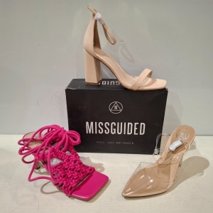 30 X BRAND NEW WOMENS MISSGUIDED SHOES CONTAINING CROCHET TIE UP HEELED SANDAL IN HOT PINK , MID HEEL BLOCK BARELY THERE IN SAND , PERSPEX SQUARE TOE WEDGE HEEL IN NUDE , QUILTED GRANDAD SANDAL IN GREEN ETC ALL IN SIZE 4