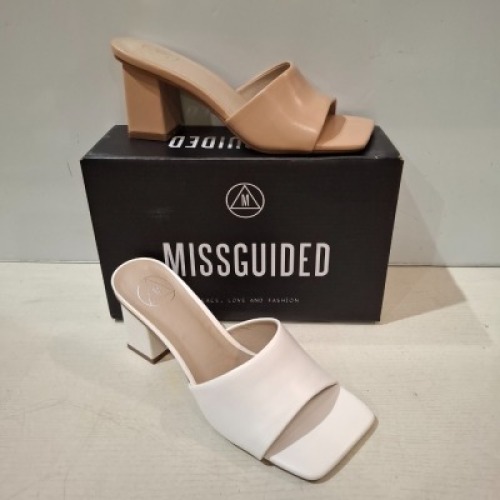 30 X BRAND NEW WOMENS MISSGUIDED SHOES CONTAINING PERSPEX BLOCK HEEL MULE SANDAL IN SAND , SQUARE TOE BLOCK HEEL MULE SANDAL IN WHITE ETC ALL IN SIZE 4