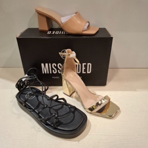 30 X BRAND NEW WOMENS MISSGUIDED SHOES CONTAINING CHUNKY PLATFORM GLADIATOR SANDAL IN BLACK , SQUARE TOE BLOCK HEEL MULE SANDAL IN SAND , BARELY THERE HIGH BLOCK HEEL IN GOLD ETC ALL IN SIZE 4
