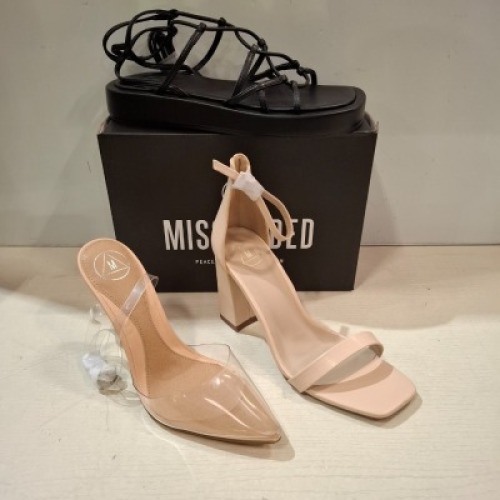 30 X BRAND NEW WOMENS MISSGUIDED SHOES CONTAINING PERSPEX COURT SHOE IN CLEAR , BARELY THERE HIGH BLOCK HEEL IN GOLD , CHUNKY PLATFORM GLADIATOR SANDAL IN SAND , BARELY THERE HIGH BLOCK HEEL IN SILVER ETC ALL IN SIZE 5