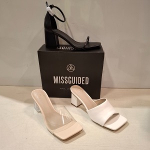 30 X BRAND NEW WOMENS MISSGUIDED SHOES CONTAINING PERSPEX BLOCK HEEL MULE SANDAL IN SAND , SQUARE TOE HIGH HEEL TIE UP SANDAL IN SAND , MID HEEL BLOCK BARELY THERE FAUX LEATHER IN BLACK ETC ALL IN SIZE 5