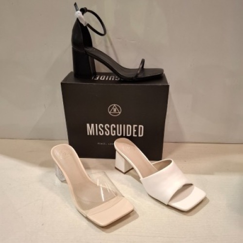 30 X BRAND NEW WOMENS MISSGUIDED SHOES CONTAINING PERSPEX BLOCK HEEL MULE SANDAL IN SAND , SQUARE TOE HIGH HEEL TIE UP SANDAL IN SAND , MID HEEL BLOCK BARELY THERE FAUX LEATHER IN BLACK ETC ALL IN SIZE 5