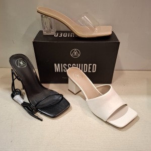 30 X BRAND NEW WOMENS MISSGUIDED SHOES CONTAINING SQUARE TOE HIGH HEEL TIE UP SANDALS IN BLACK , SQUARE TOE BLOCK HEEL MULE SANDAL IN BLACK , MID HEEL BLOCK BARELY THERE FAUX LEATHER IN BLACK , HIGH HEEL BLOCK BARELY THERE SANDAL IN SAND ETC ALL IN SIZE 