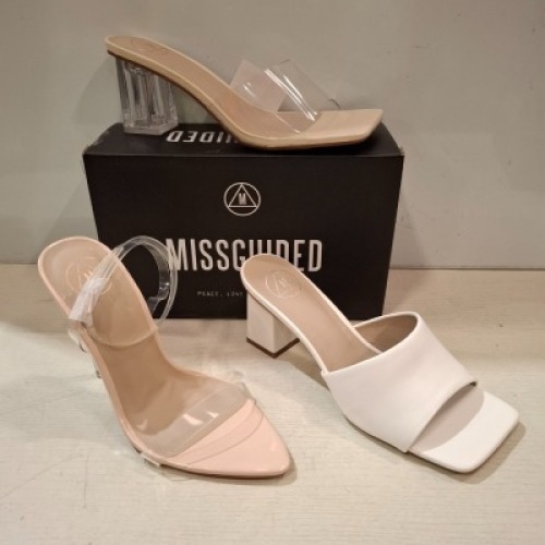 30 X BRAND NEW WOMENS MISSGUIDED SHOES CONTAINING SQUARE TOE BLOCK HEEL MULE SANDAL IN WHITE , POINTED TOE PERSPEX STILETTO IN NUDE , PERSPEX BLOCK HEEL MULE SANDAL IN SAND ETC ALL IN SIZE 5