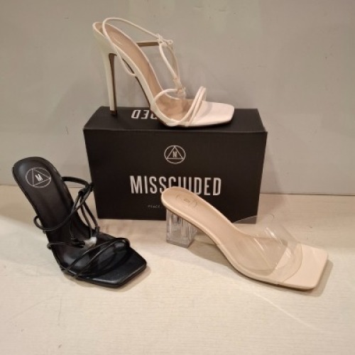 30 X BRAND NEW WOMENS MISSGUIDED SHOES CONTAINING ASSYM STRAPPY HIGH HEEL SANDAL IN BLACK , PERSPEX BLOCK HEEL MULE SANDAL IN SAND , SQUARE TOE HIGH HEEL TIE UP SANDAL IN SAND ETC ALL IN SIZE 5+