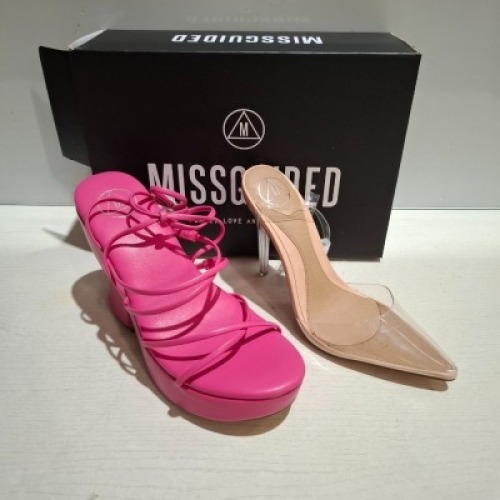 30 X BRAND NEW WOMENS MISSGUIDED SHOES CONTAINING PERSPEX COURT SHOE IN CLEAR , FAUX LEATHER PLATFORM STRAPPY SANDAL IN PINK ETC ALL IN SIZE 5