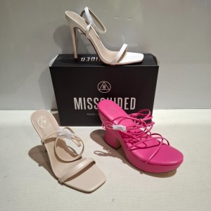 30 X BRAND NEW WOMENS MISSGUIDED SHOES CONTAINING BARELY THERE HIGH HEEL FAUX LEATHER IN NUDE , BARELY THERE SQUARE TOE HIGH HEEL IN WHITE , FAUX LEATHER PLATFORM STRAPPY SANDAL IN PINK ETC ALL IN SIZE 6
