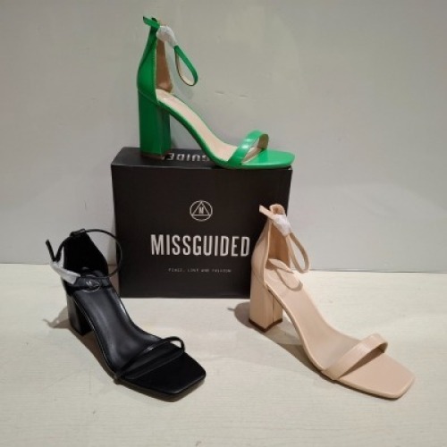 30 X BRAND NEW WOMENS MISSGUIDED SHOES CONTAINING HIGH HEEL BLOCK BARELY THERE IN SAND , MID HEEL BLOCK BARELY THERE FAUX LEATHER IN BLACK , BARELY THERE BLOCK HEEL IN GREEN ETC ALL IN SIZE 6