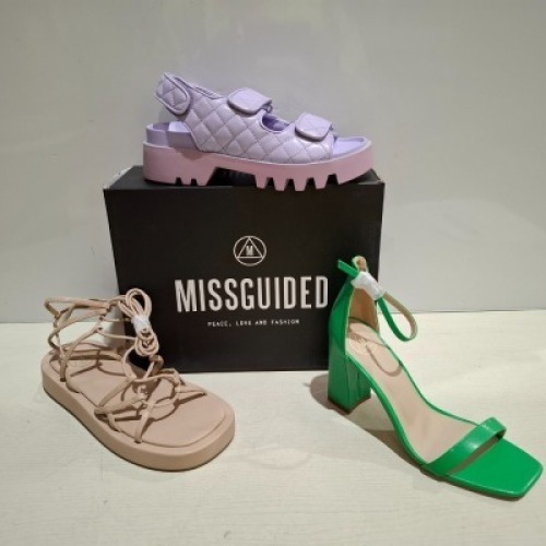 30 X BRAND NEW WOMENS MISSGUIDED SHOES CONTAINING BARELY THERE HIGH BLOCK HEEL IN GREEN CHUNKY PLATFORM GLADIATOR SANDAL IN SAND , QUILTED GRANDAD SANDAL IN LILAC, ETC