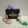 30 X BRAND NEW WOMENS MISSGUIDED SHOES CONTAINING BARELY THERE HIGH BLOCK HEEL IN GREEN CHUNKY PLATFORM GLADIATOR SANDAL IN SAND , QUILTED GRANDAD SANDAL IN LILAC, ETC