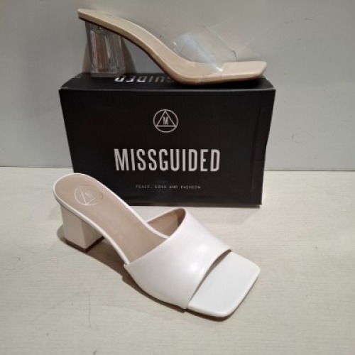 30 X BRAND NEW WOMENS MISSGUIDED SHOES CONTAINING SQUARE TOE BLOCK HEEL MULE SANDAL IN WHITE , PERSPEX BLOCK HEEL MULE SANDAL IN SAND , CLEAR HEEL BLOCK MULE IN CLEAR IN SIZES 6 AND 7