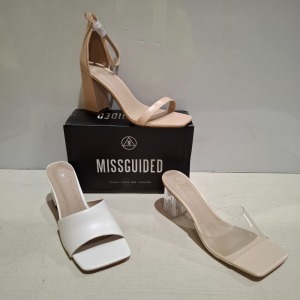 30 X BRAND NEW WOMENS MISSGUIDED SHOES CONTAINING ASSYM STRAPPY HIGH HEEL SANDALS IN WHITE , MID CLEAR BLOCK HEEL IN NUDE , PERSPEX BLOCK HEEL MULE SANDAL IN SAND ALL IN SIZE 6