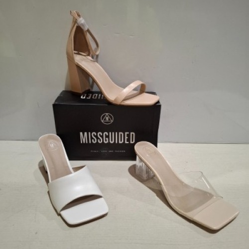 30 X BRAND NEW WOMENS MISSGUIDED SHOES CONTAINING ASSYM STRAPPY HIGH HEEL SANDALS IN WHITE , MID CLEAR BLOCK HEEL IN NUDE , PERSPEX BLOCK HEEL MULE SANDAL IN SAND ALL IN SIZE 6