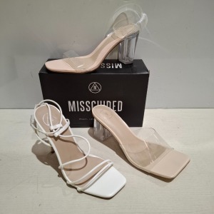 30 X BRAND NEW WOMENS MISSGUIDED SHOES CONTAINING ASSYM STRAPPY HIGH HEEL SANDAL IN BLACK , MID CLEAR HEEL BLOCK IN NUDE , ASSYM STRAPPY HIGH HEEL SANDAL IN WHITE ETC ALL IN SIZE 6