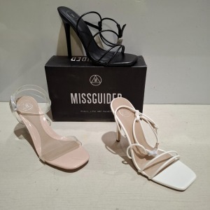 30 X BRAND NEW WOMENS MISSGUIDED SHOES CONTAINING SQUARE TOE BLACK HEEL MULE SANDAL IN WHITE BARELY THERE HIGH HEEL FAUX LEATHER IN NUDE , BARELY THERE SQUARE TOE HIGH HEEL IN WHITE ETC ALL IN SIZE 6
