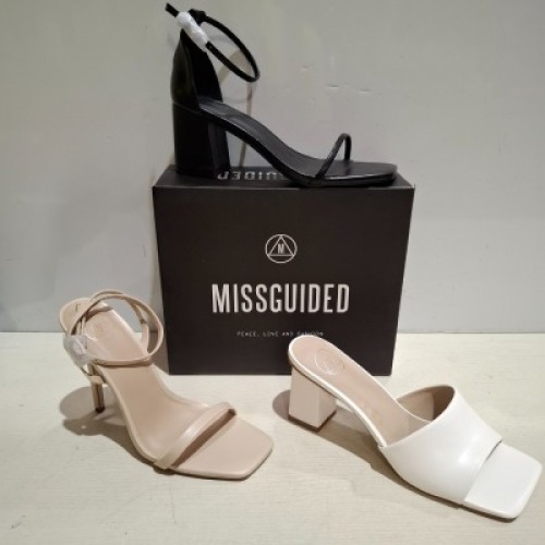 30 X BRAND NEW WOMENS MISSGUIDED SHOES CONTAINING CHUNKY PLATFORM GLADIATOR SANDAL IN BLACK , BARELY THERE HIGH BLOCK HEEL IN GREEN , QUILTED GRANDAD SANDAL IN GREEN ETC ALL IN SIZE 7