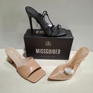30 X BRAND NEW WOMENS MISSGUIDED SHOES CONTAINING BARELY THERE SQUARE TOE HIGH HEEL IN WHITE , PERSPEX COURT SHOE IN CLEAR , FAUX LEATHER PLATFORM STRAPPY SANDAL IN PINK ETC ALL IN SIZE 8