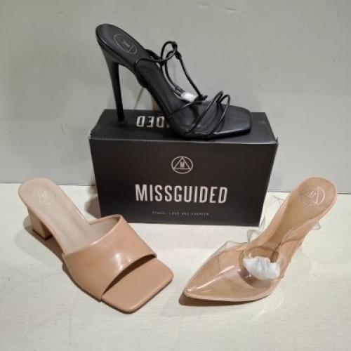 30 X BRAND NEW WOMENS MISSGUIDED SHOES CONTAINING BARELY THERE SQUARE TOE HIGH HEEL IN WHITE , PERSPEX COURT SHOE IN CLEAR , FAUX LEATHER PLATFORM STRAPPY SANDAL IN PINK ETC ALL IN SIZE 8