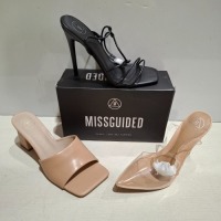 30 X BRAND NEW WOMENS MISSGUIDED SHOES CONTAINING BARELY THERE SQUARE TOE HIGH HEEL IN WHITE , PERSPEX COURT SHOE IN CLEAR , FAUX LEATHER PLATFORM STRAPPY SANDAL IN PINK ETC ALL IN SIZE 8