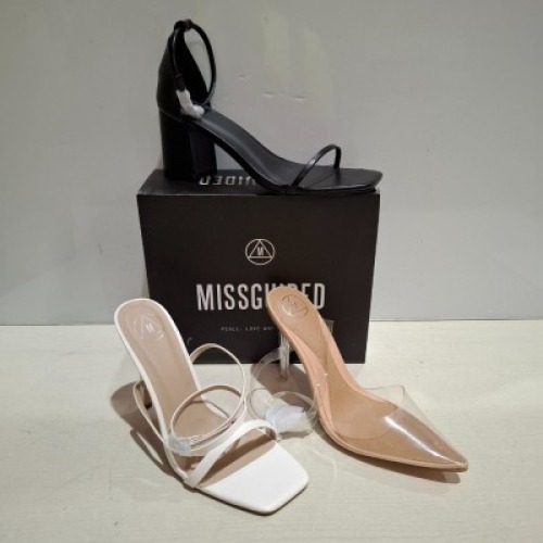 30 X BRAND NEW WOMENS MISSGUIDED SHOES CONTAINING MID HEEL BLOCK BARELY THERE FAUX LEATHER IN BLACK , SQUARE TOE BLOCK HEEL MULE SANDAL IN WHITE , ASSYM STRAPPY HIGH HEEL SANDAL IN BLACK ETC ALL IN SIZE 8