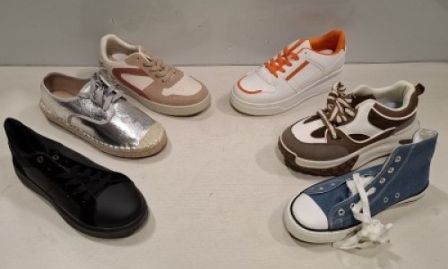 23 X BRAND NEW MIXED SHOE LOT CONTAINING LACE UP CHUNKY HEELED SHOES IN LIGHT GREEN IN SIZE 3 , PERFORATED WEDGE TRAINERS IN BEIGE IN SIZE 8 , MARQUIIZ TRAINERS IN WHITE/ORANGE IN SIZE 5 ETC ON A BAY